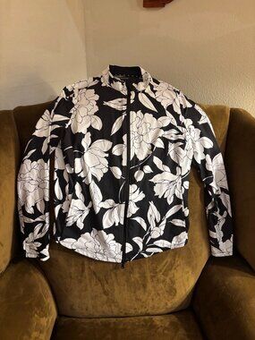 Tommy Bahama Full Zip Jacket Black White Floral Pockets Small